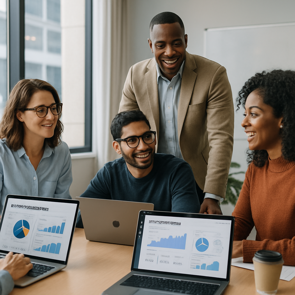 Digital marketing team collaborating over campaign dashboards