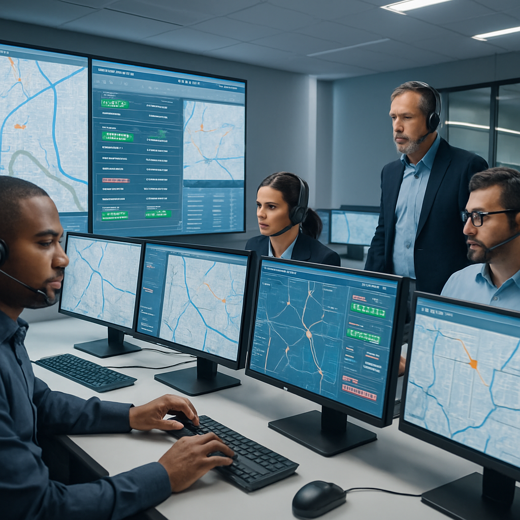 Dispatch team coordinating routes in a modern logistics control room