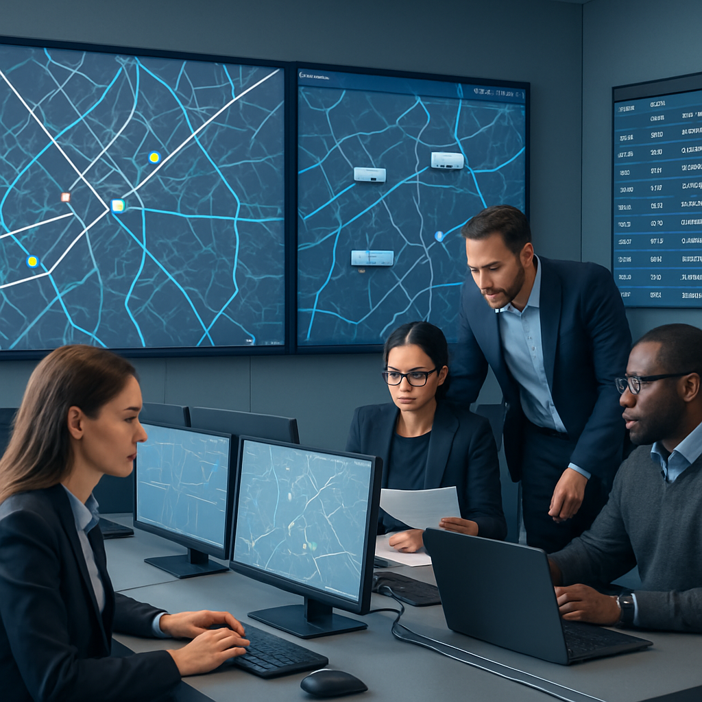 Dispatch team monitoring truck routes on large digital screens in a logistics operations center