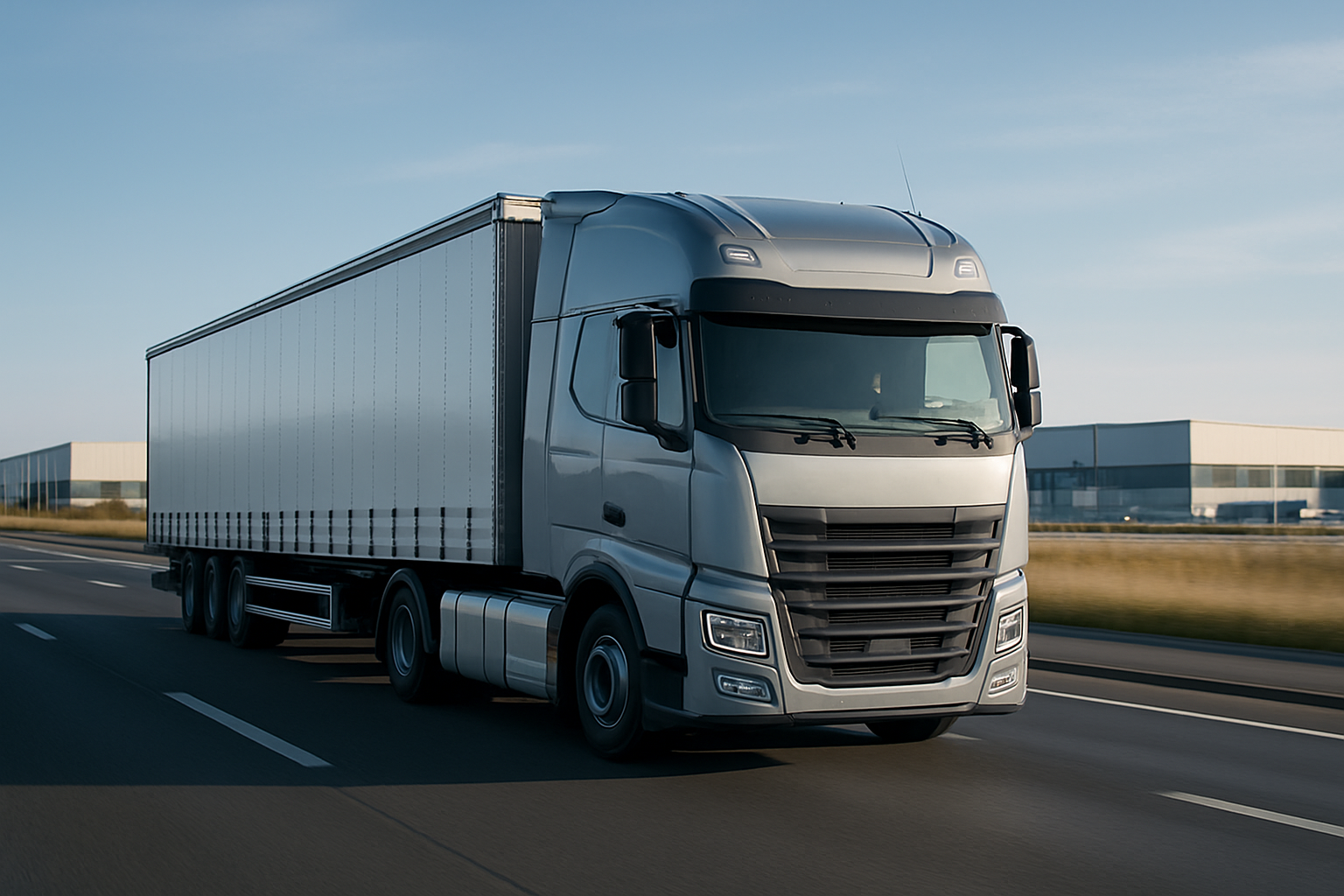 Semi-truck hauling freight on a multi-lane highway with distant logistics hubs