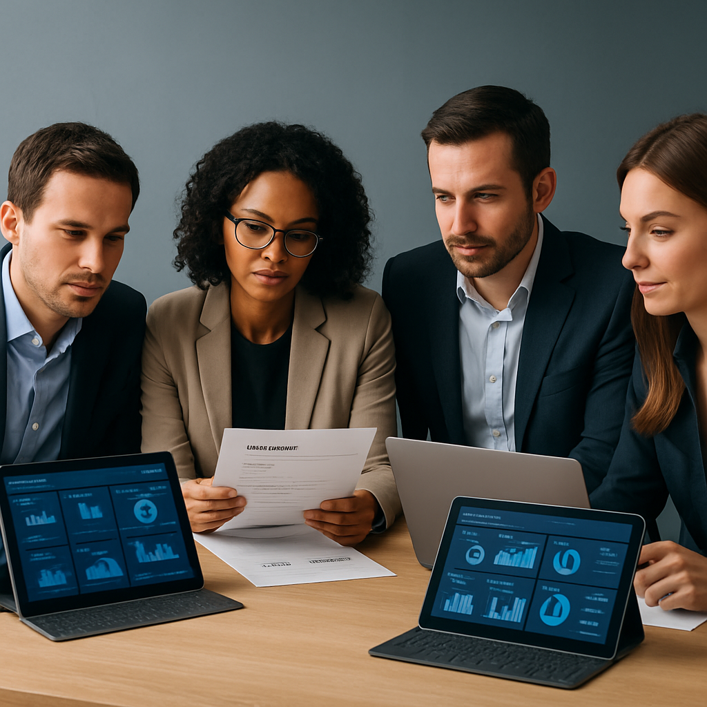 Digital marketing strategists collaborating over performance dashboards and campaign plans