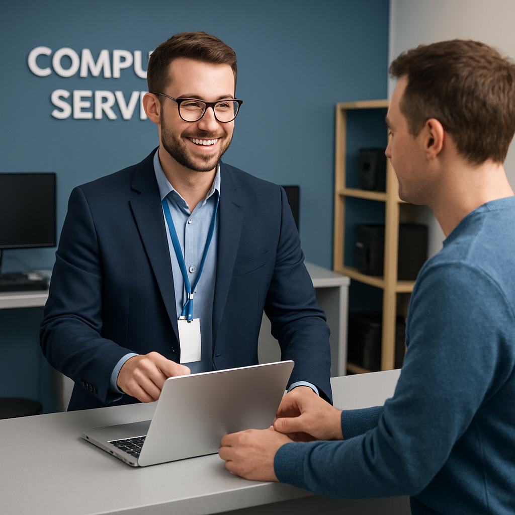 Friendly IT staff member assisting a customer, professional environment, blue and neutral tones, welcoming and helpful atmosphere