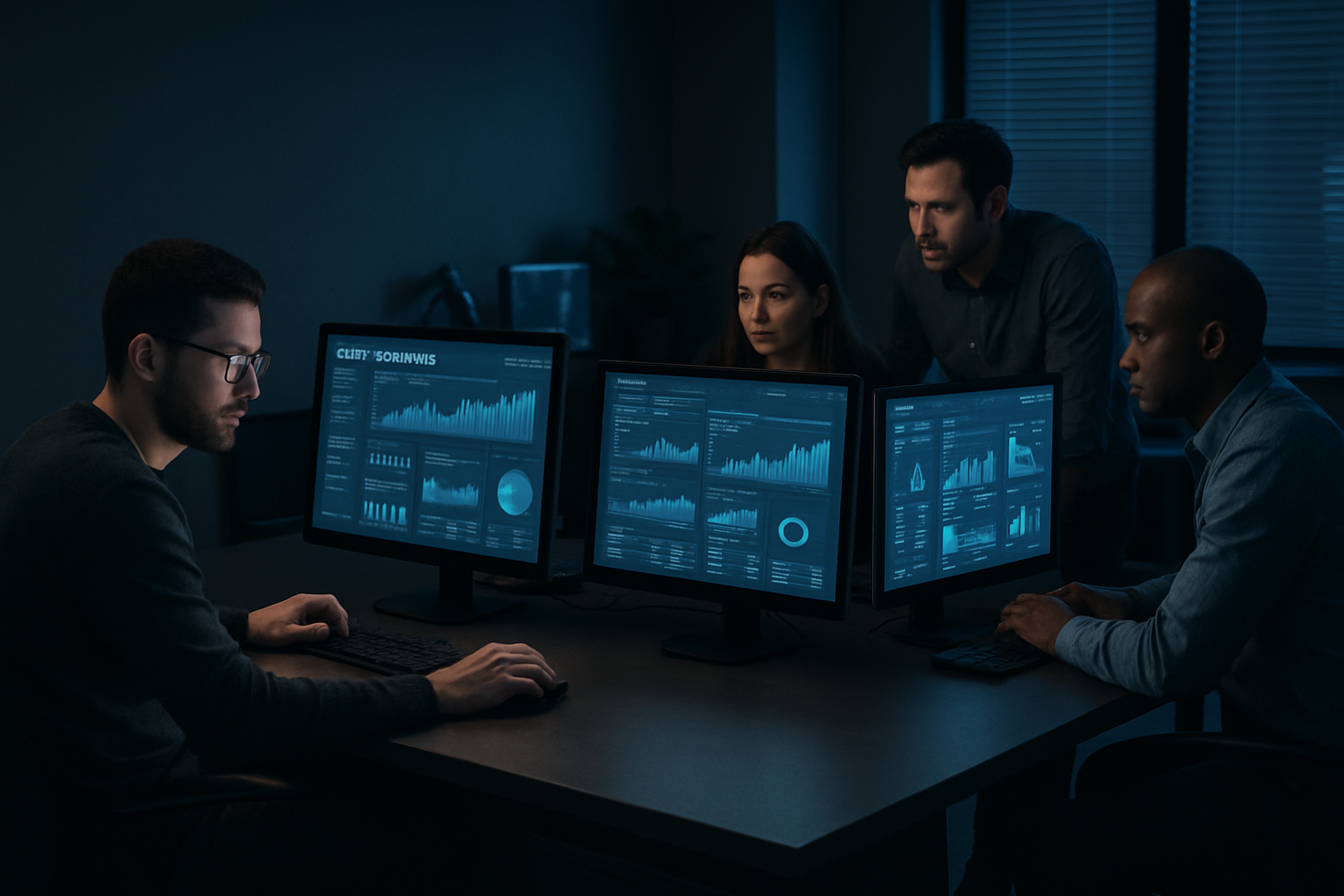 High-quality photo of a modern digital marketing office team collaborating at workstations