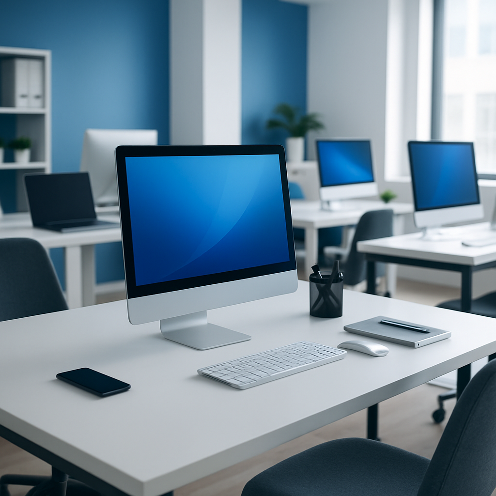 Contemporary tech office workspace with computers and accessories, blue and white corporate color scheme, bright and inviting mood