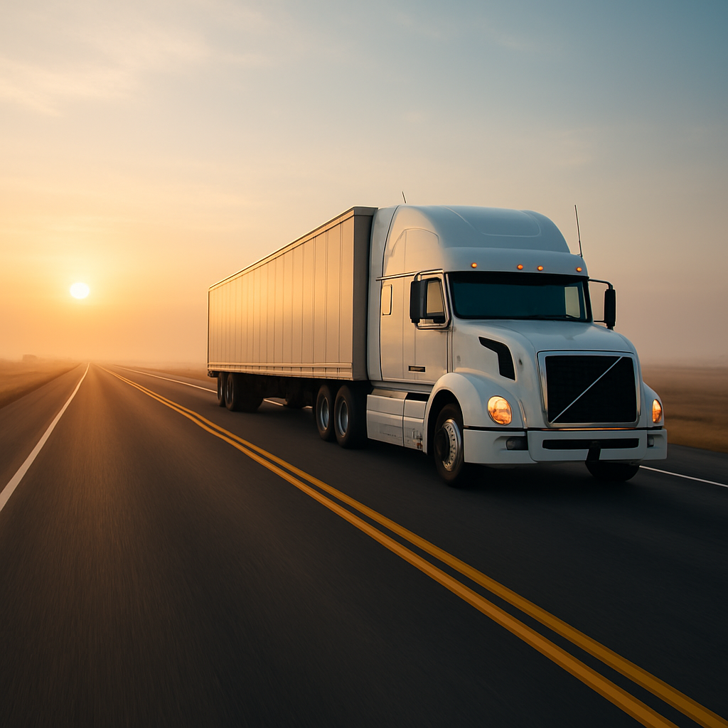Semi-truck traveling on a wide highway at sunrise