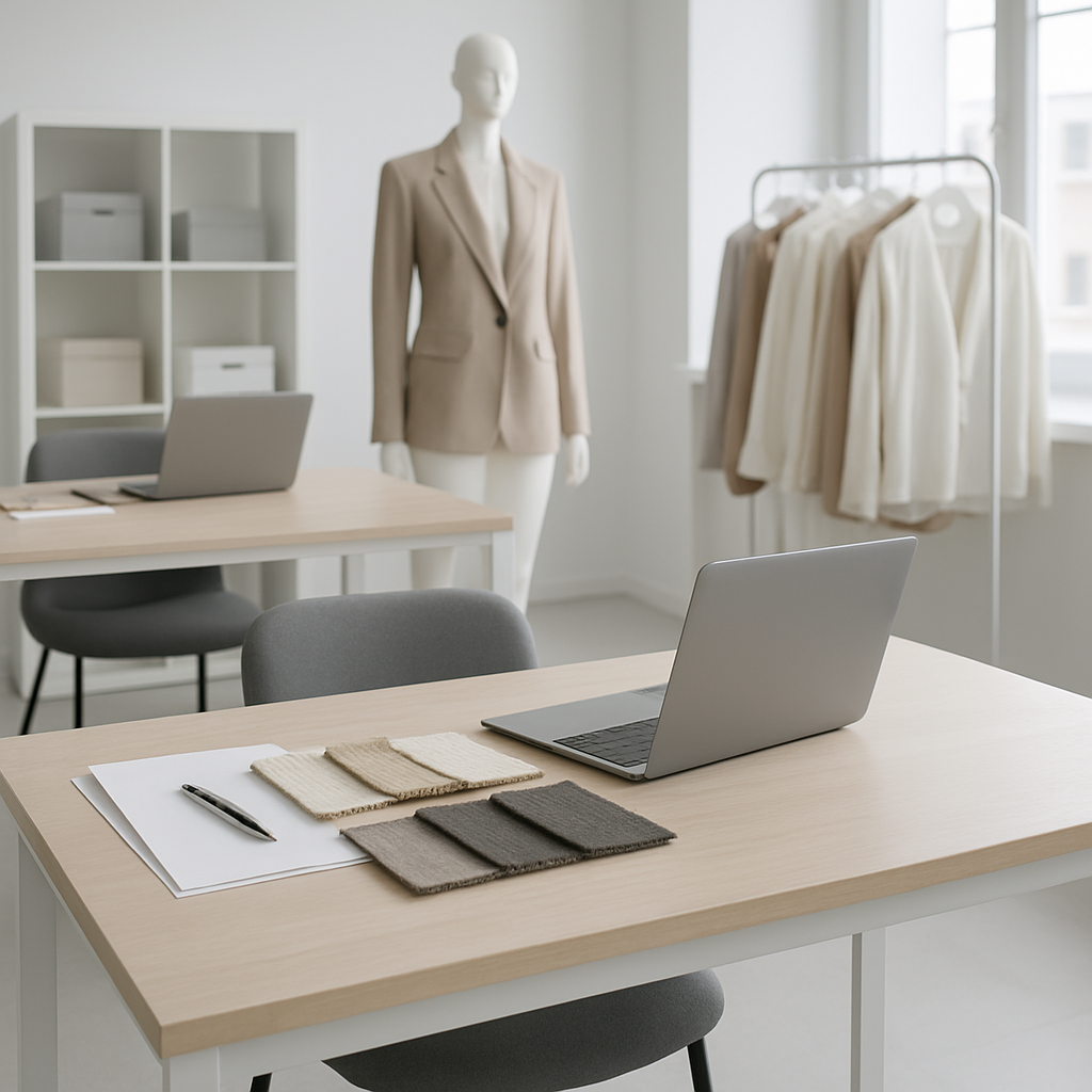 Clean, modern fashion office workspace