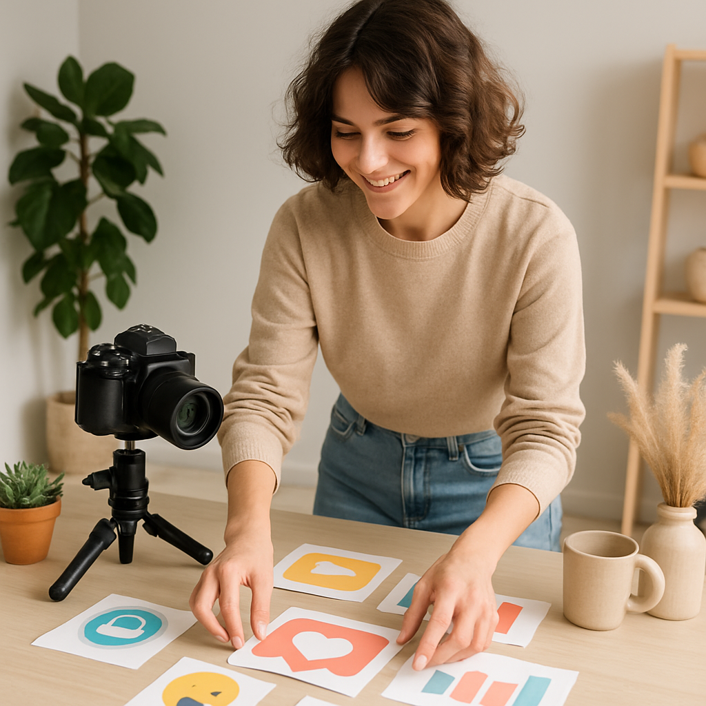 Content creator preparing social media visuals in a studio