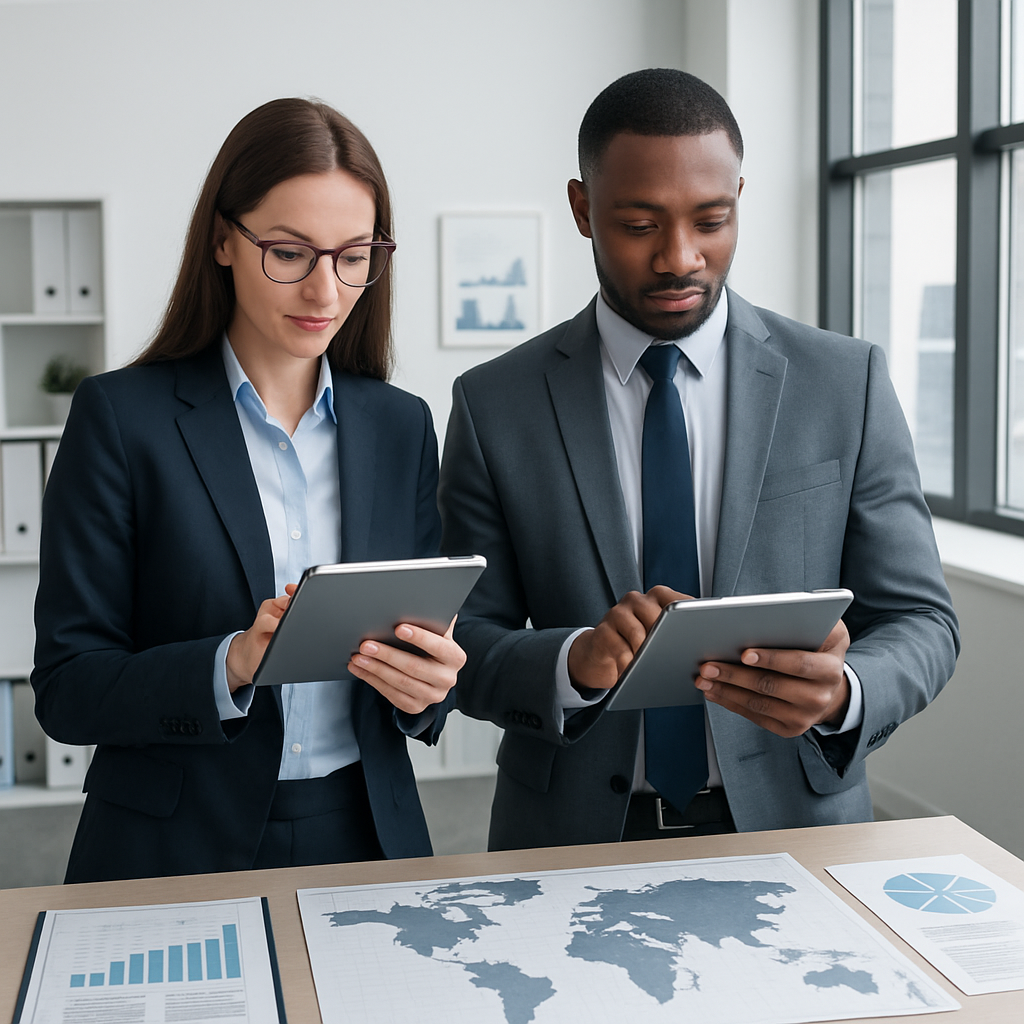 Logistics team reviewing shipment schedules with tablets