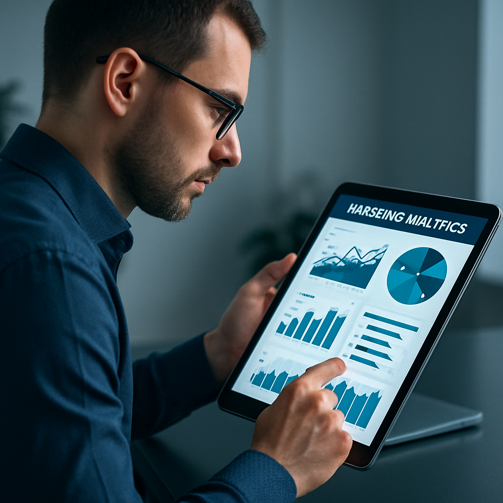 Marketing analyst reviewing performance metrics on a tablet