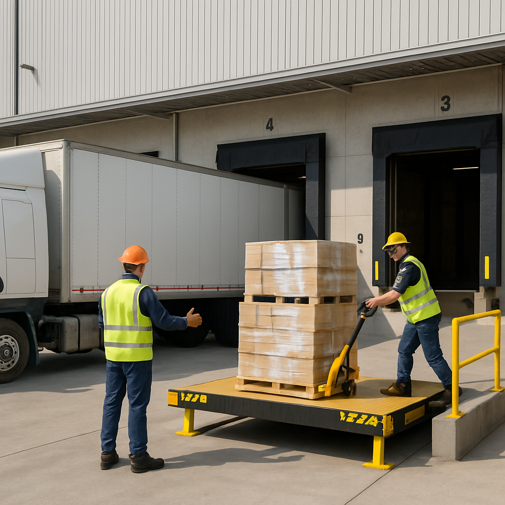 Freight delivery at a distribution center with pallets secured