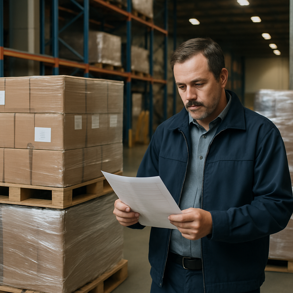 Freight planner reviewing shipment documents beside stacked pallets in a warehouse