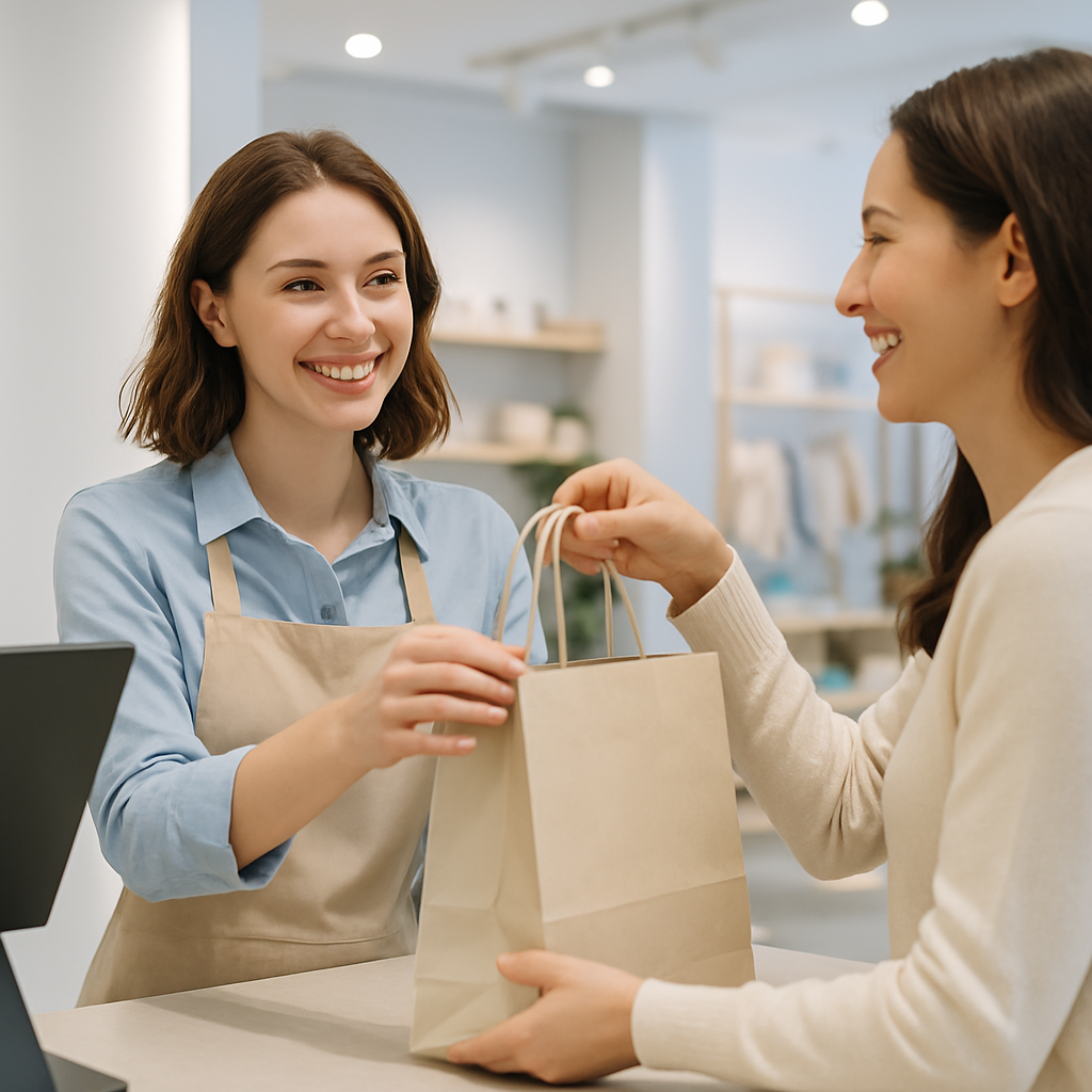 Friendly ZAMY customer service staff assisting a happy shopper, modern retail counter