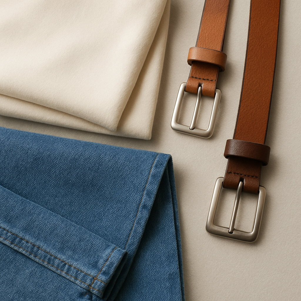 Close-up of high-quality fabric textures and accessories, neutral clean background