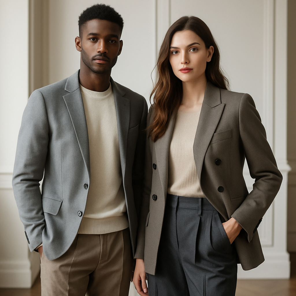 Stylish male and female models in trendy ZAMY outfits, bright and elegant setting