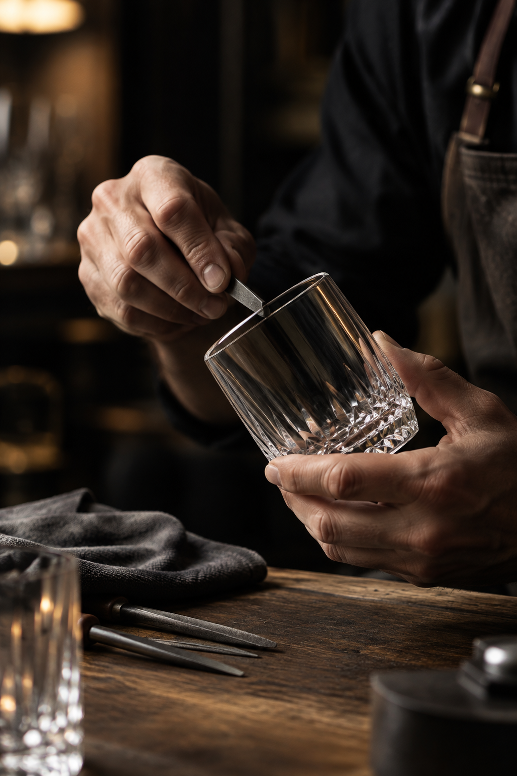 Close-up of artisan hands refining the rim of a crystal glass in a dim luxury studio