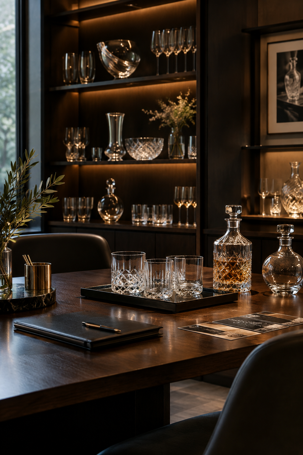 Elegant glassware consultation studio with curated handcrafted pieces displayed on warm shelving and a welcoming table setting