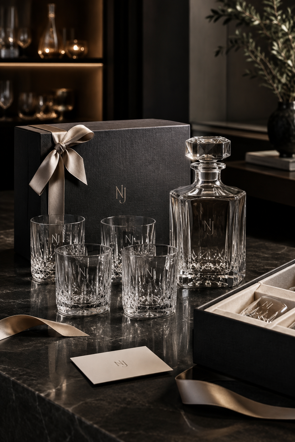 Curated executive gifting presentation with handcrafted crystal glassware arranged on a dark showroom table