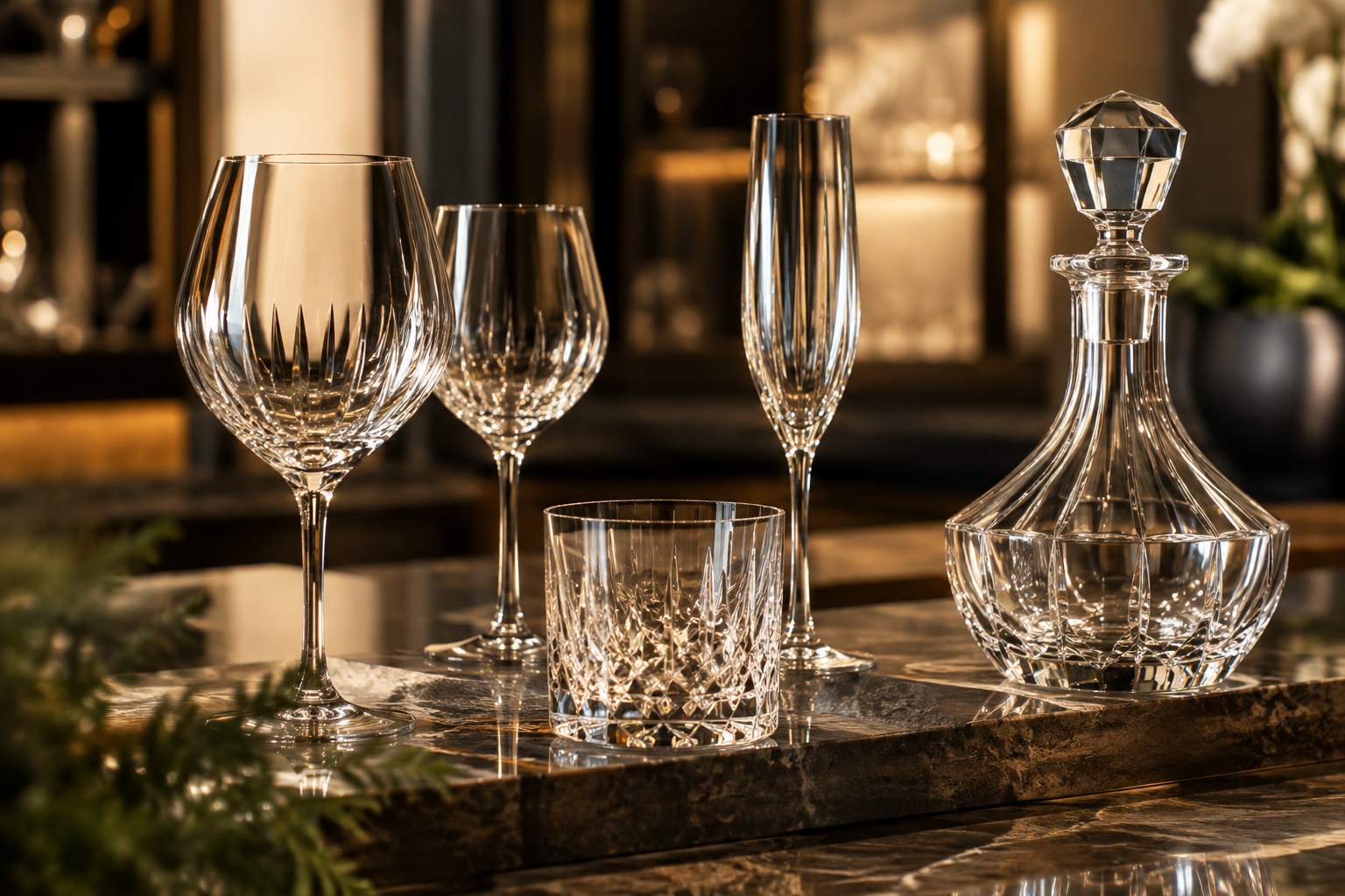 Elegant handcrafted crystal glassware displayed in a premium studio setting with warm reflected light