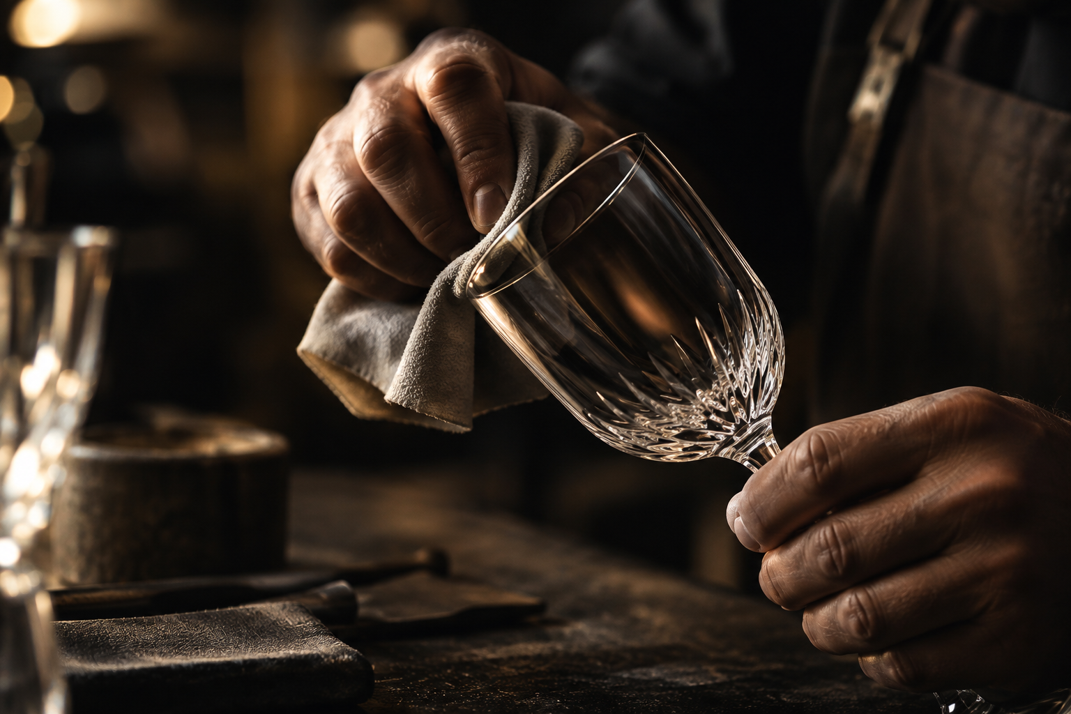 Close-up of an artisan hand-polishing a premium glass piece under soft workshop lighting