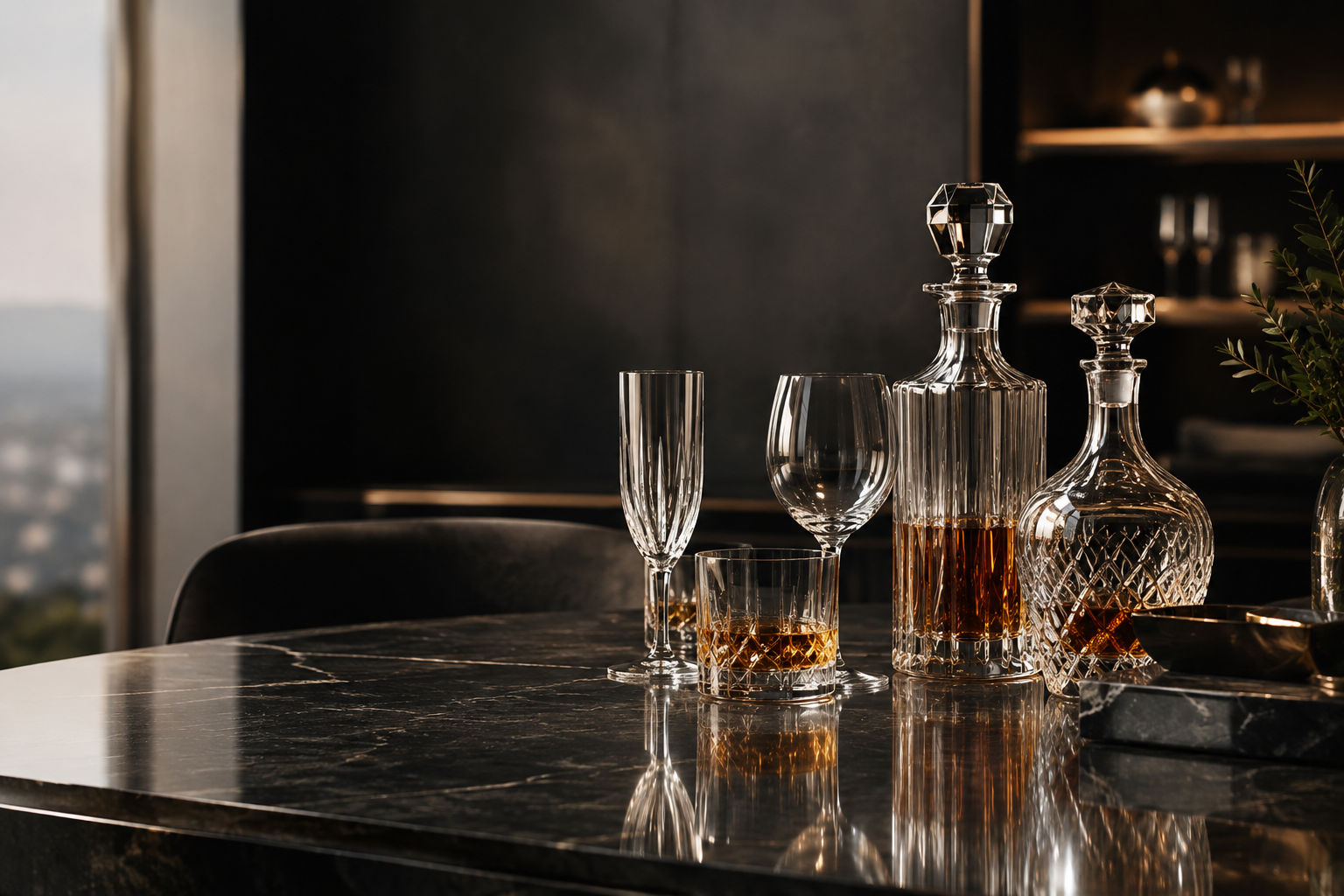 Handcrafted crystal glassware arranged on a polished stone table in a luxurious showroom with soft directional lighting and elegant reflections
