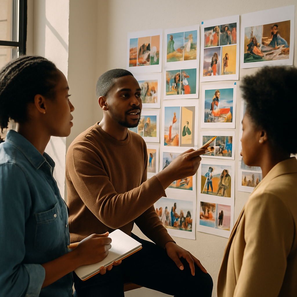 Young South African creatives discussing campaign storyboards in a bright co-working space
