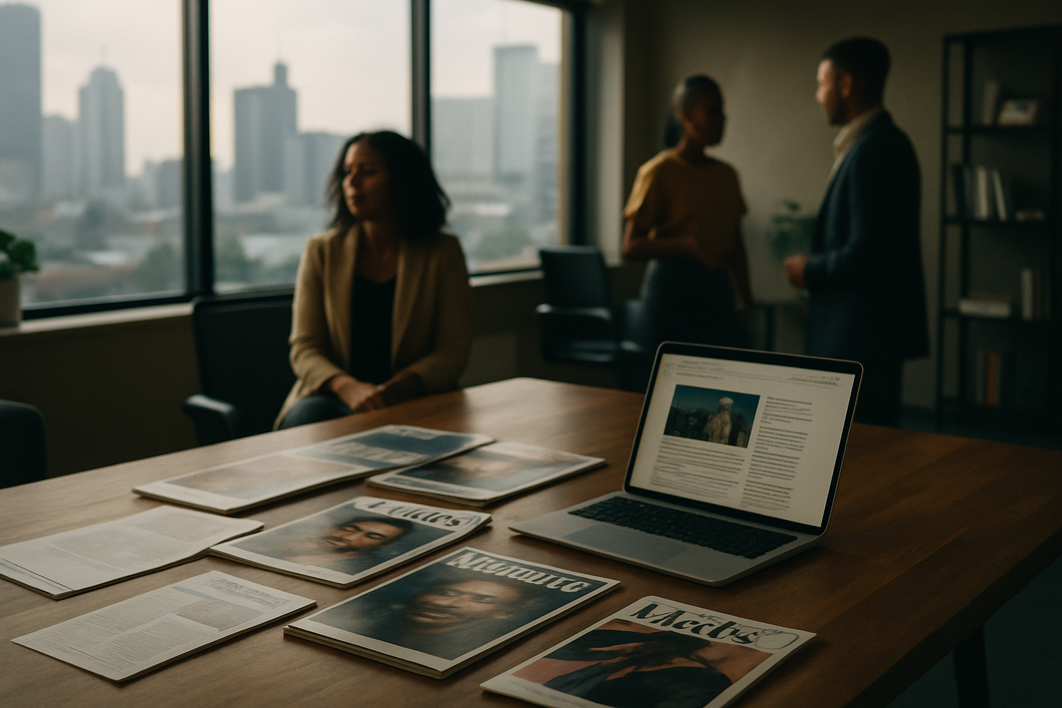 Refined contemporary South African media-world scene with editorial workspace, city skyline hints, and premium publication atmosphere