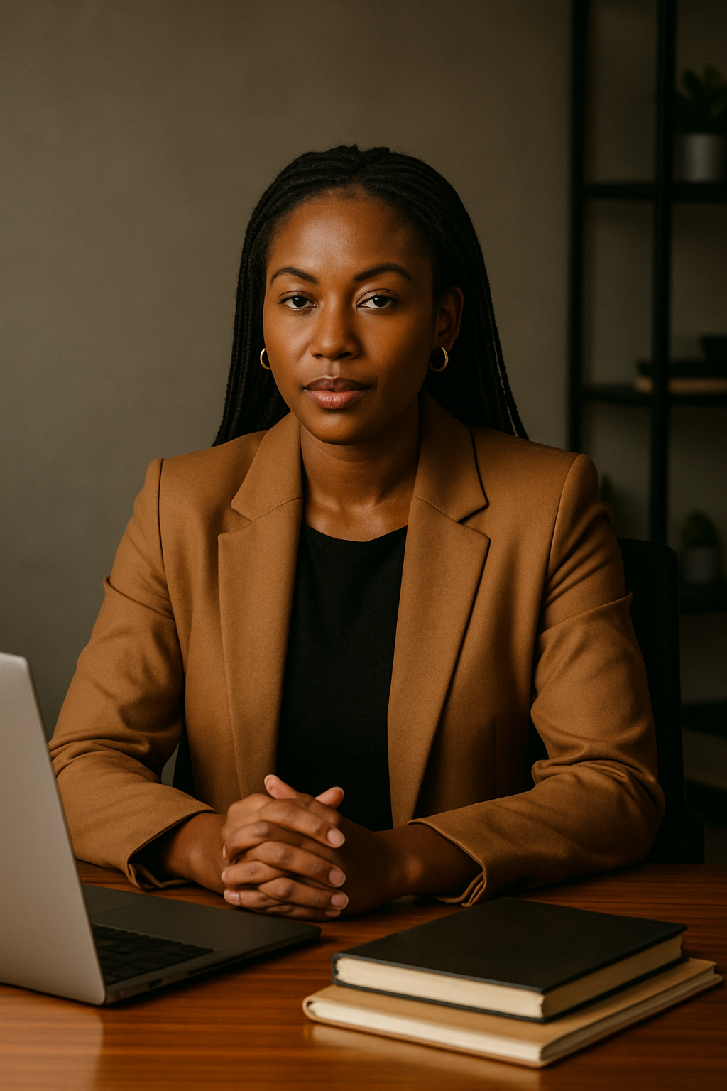 Magazine cover for Founder Frequency with a Black South African woman entrepreneur seated in a contemporary office, dramatic side lighting and editorial framing
