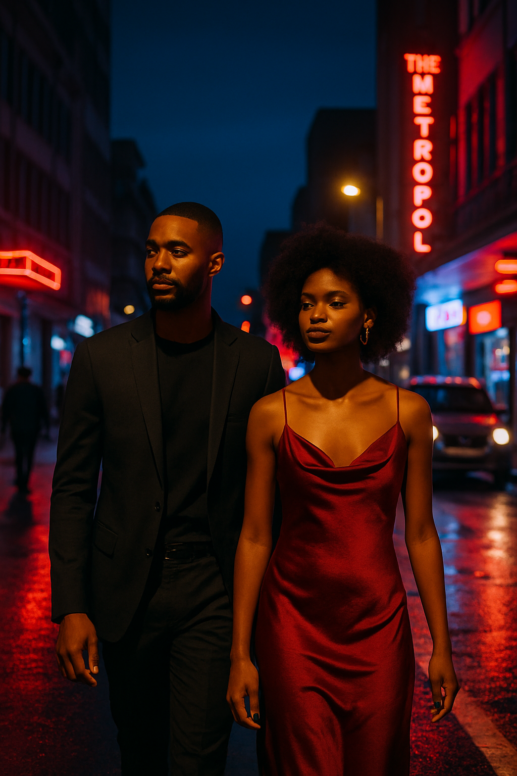 Cinematic magazine cover image of Johannesburg nightlife, featuring neon-lit street scene and stylish couple in motion for Night Economy issue