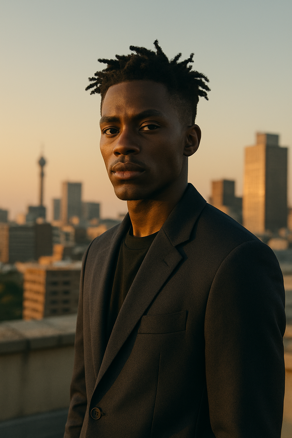 Editorial portrait cover for Urban Shift issue featuring a young South African creative in a tailored navy jacket against warm city dusk light