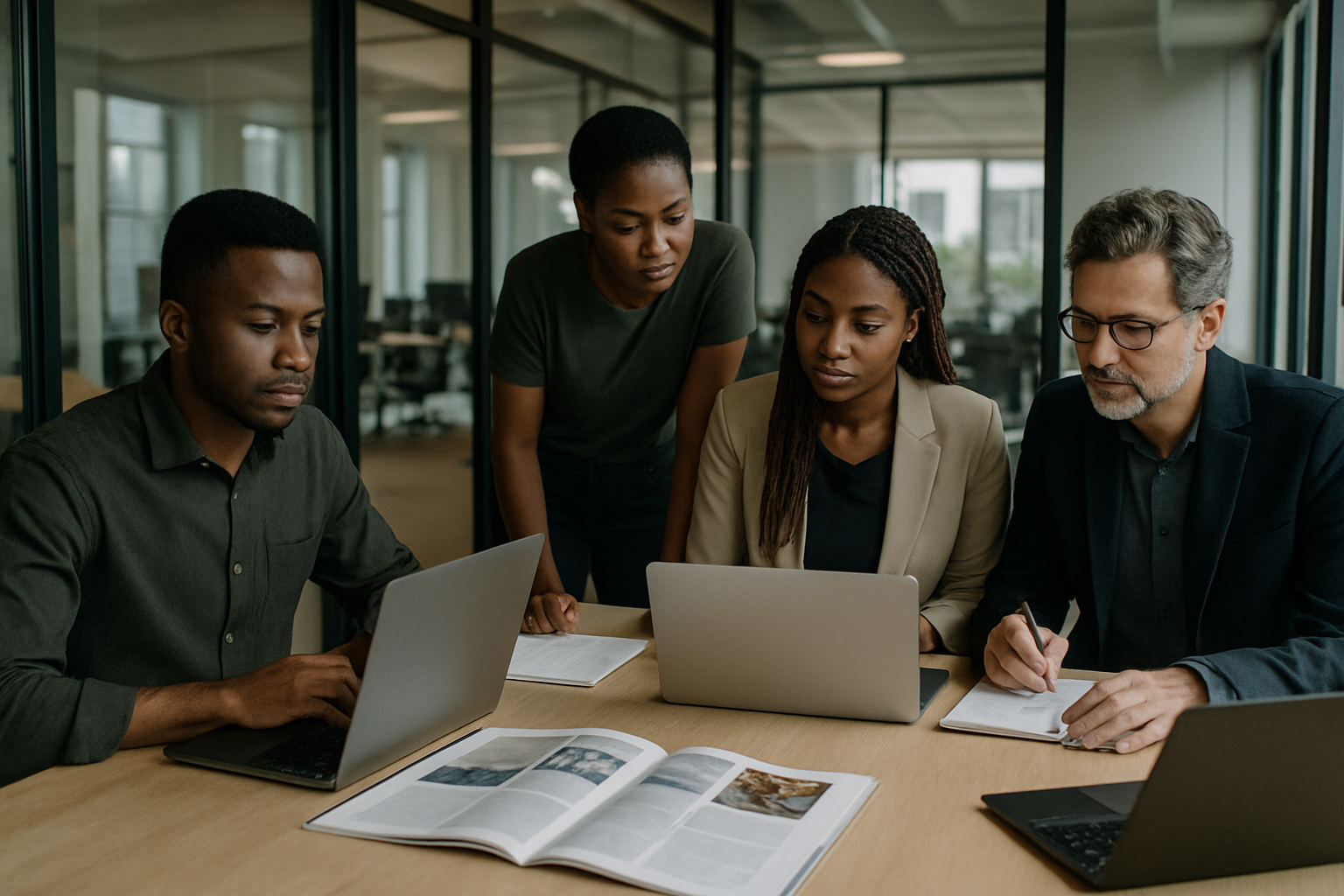 Editorial team meeting in a modern Johannesburg newsroom with print mockups and laptops