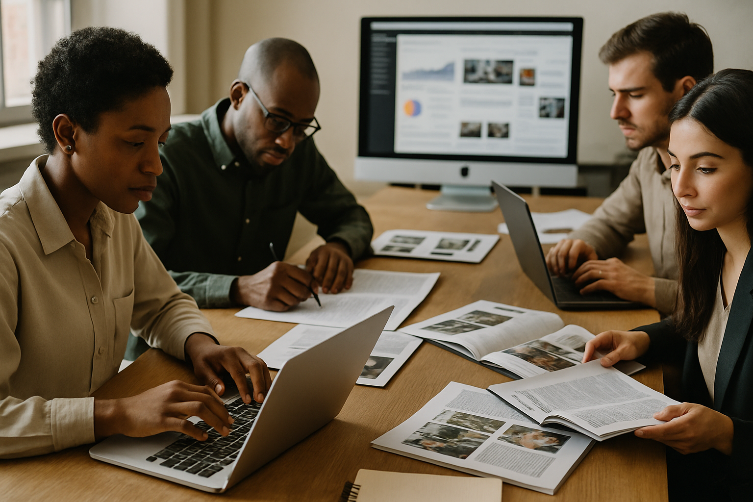 Editorial newsroom scene with South African journalists collaborating around screens, print proofs, and notes in a modern media studio