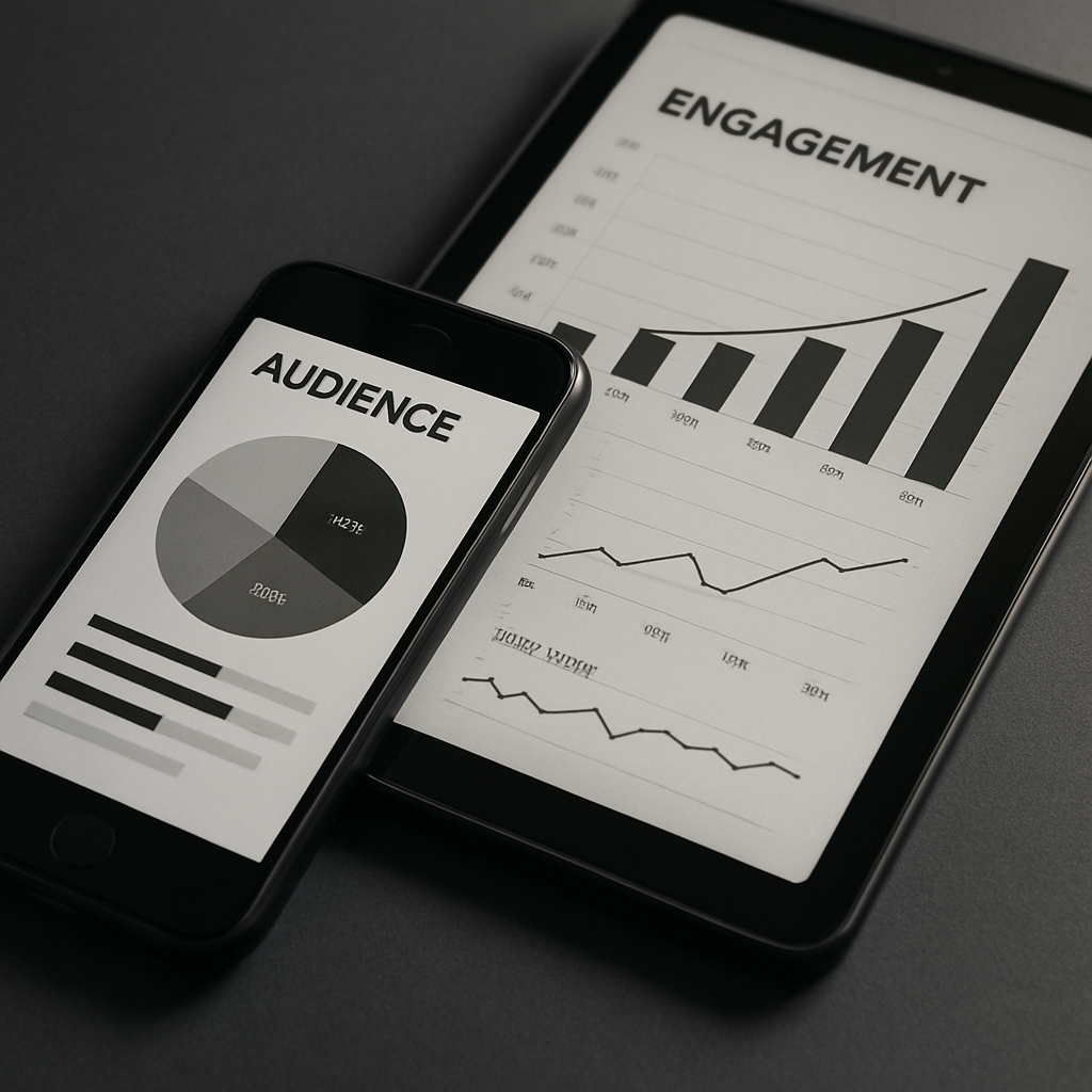 Close-up of a black smartphone showing media analytics charts in a dim studio