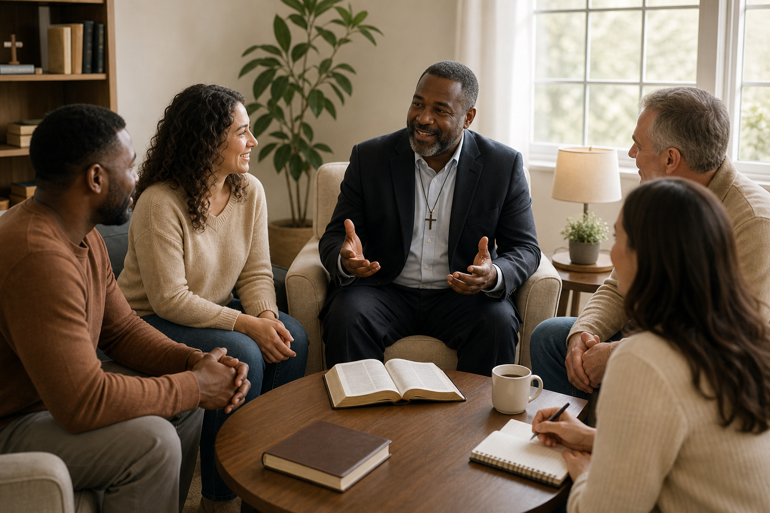 Diverse group of adults and a pastor seated in a calm, sunlit counseling room, sharing a warm conversation with a Bible on a coffee table