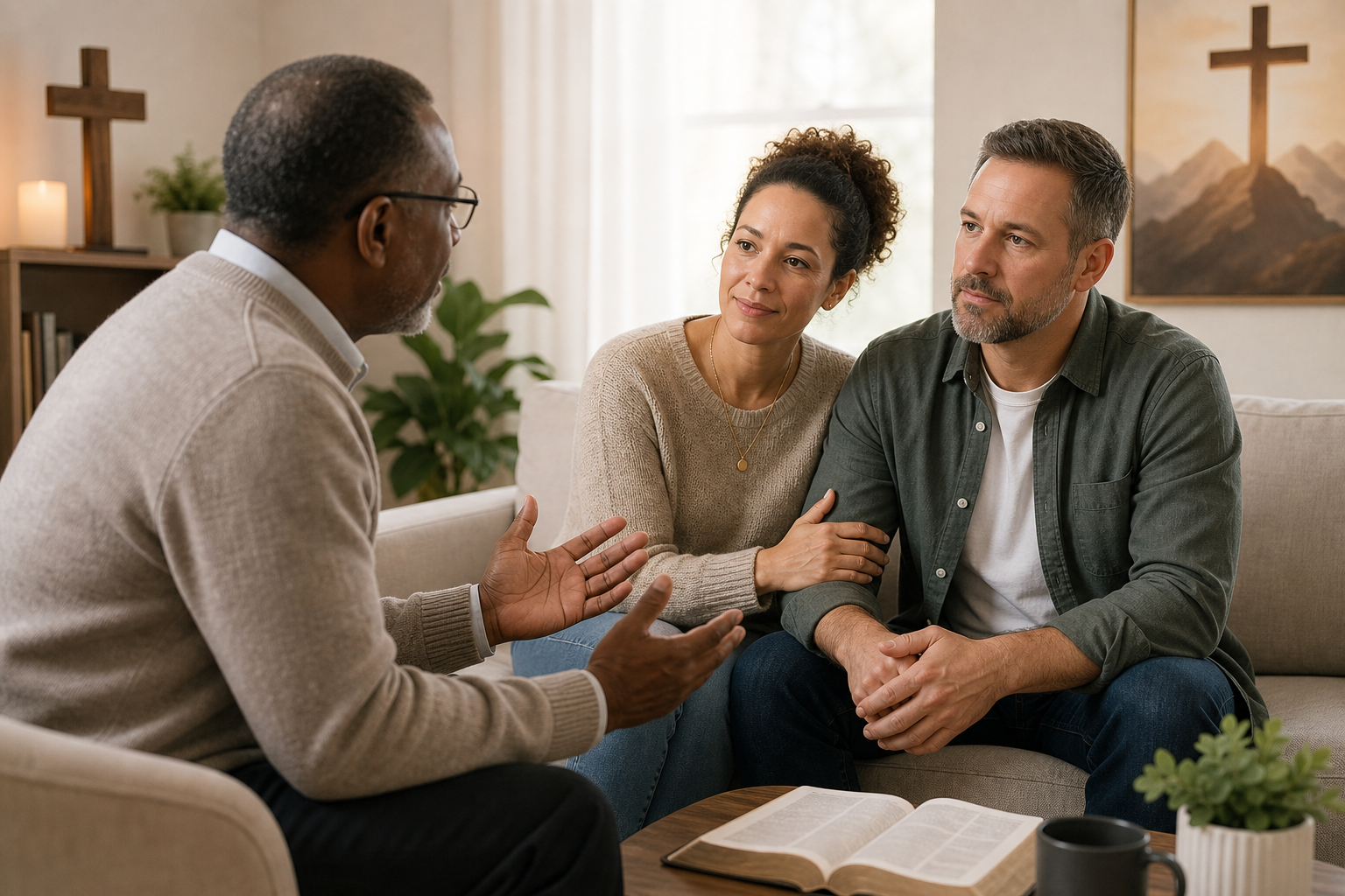 Warm pastoral counseling moment with a diverse couple and a faith leader in a welcoming room