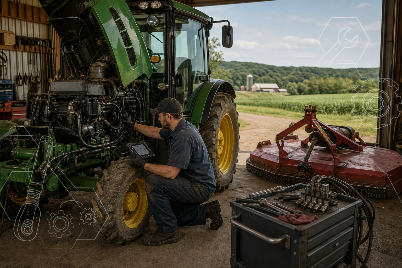 Technician servicing a tractor and mower in a practical farm workshop with tools, hydraulic lines, and diagnostic equipment visible