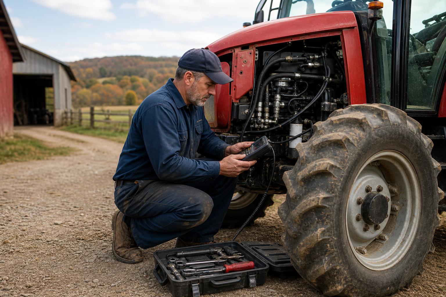 Technician servicing agricultural equipment outdoors on a working farm