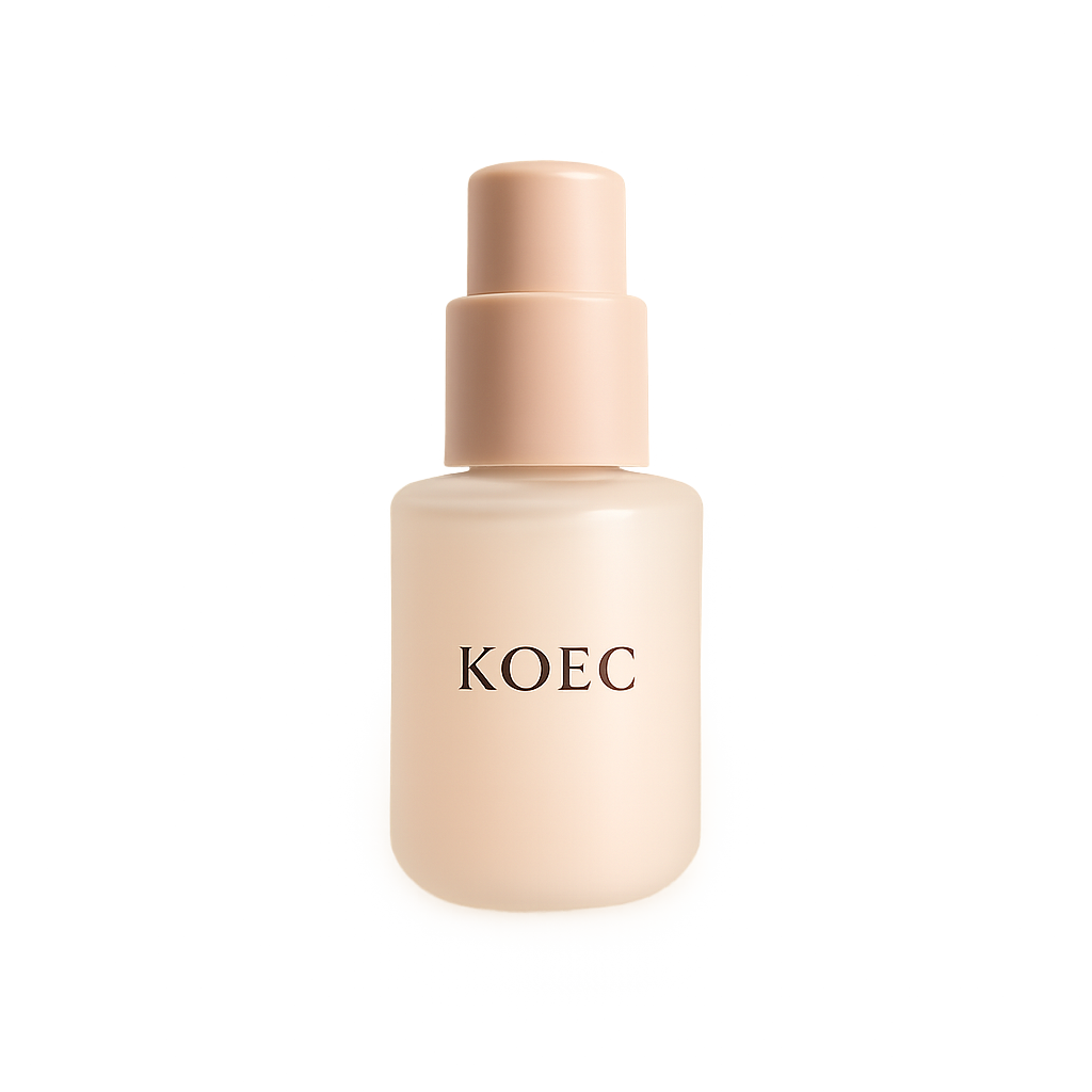 KOEC face serum bottle centered with soft circular ingredient accents and a clean, bright feminine beauty infographic style