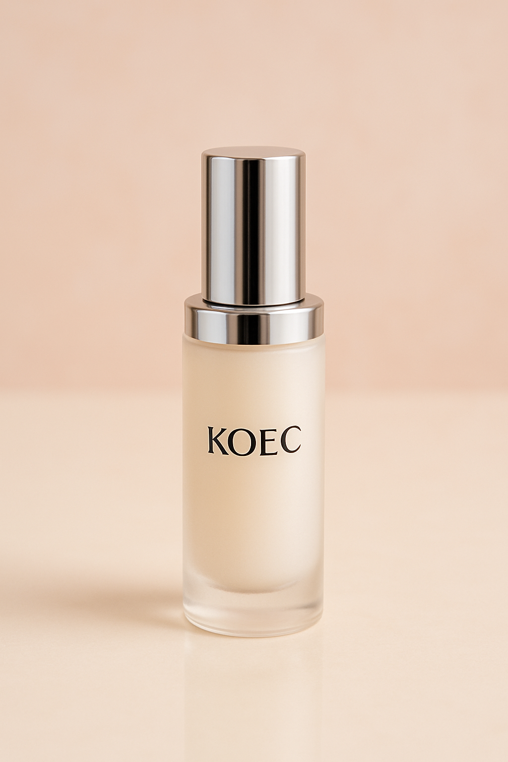 Silver KOEC face serum bottle standing upright in a bright premium beauty setting with soft reflections