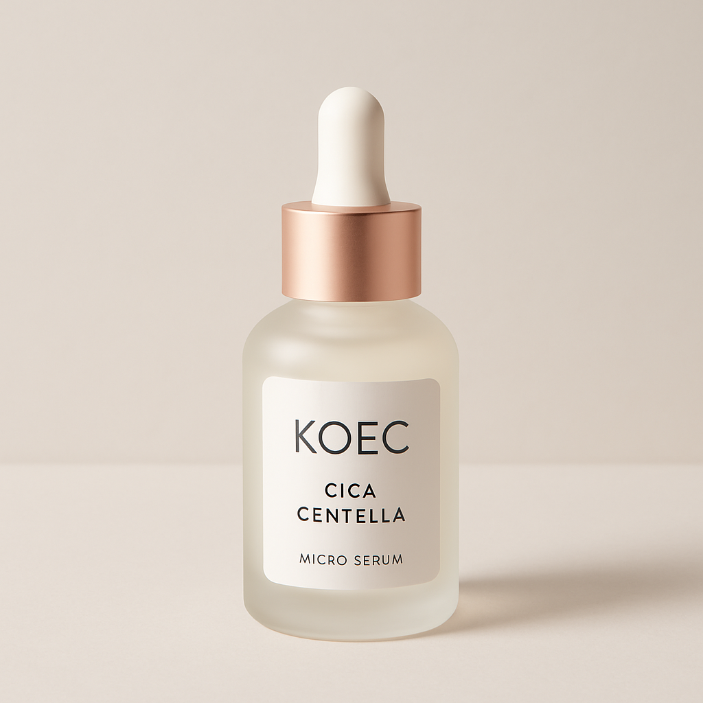 Small frosted glass KOEC Cica Centella Microneedling Serum bottle with a soft rose-gold cap