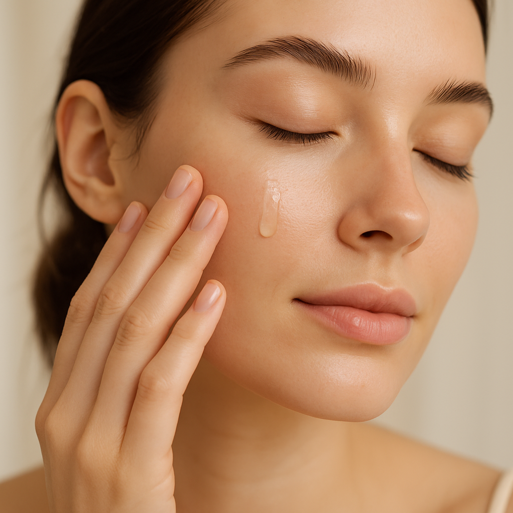 Close-up beauty detail of a woman gently smoothing clear serum onto her cheek with fingertips in soft natural light
