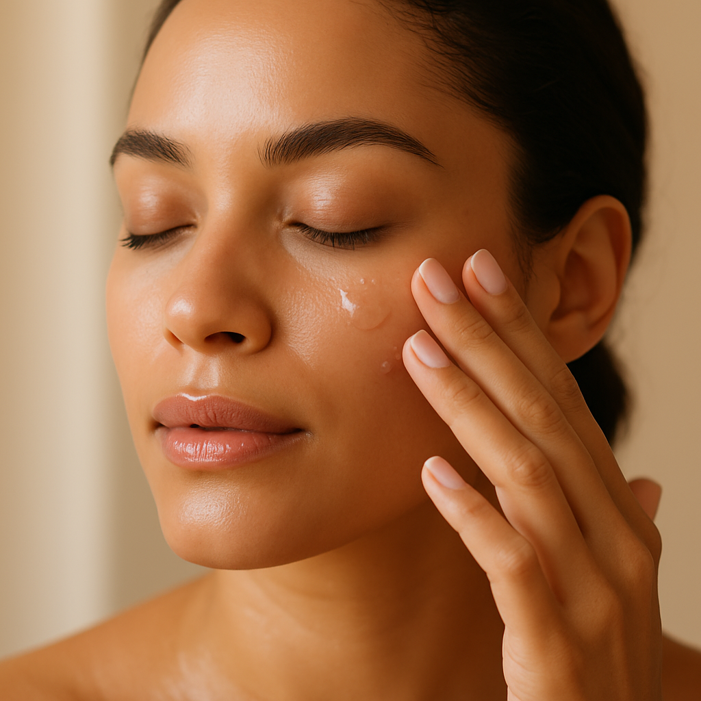 Woman softly applying serum near the cheek and under-eye area in warm natural beauty light