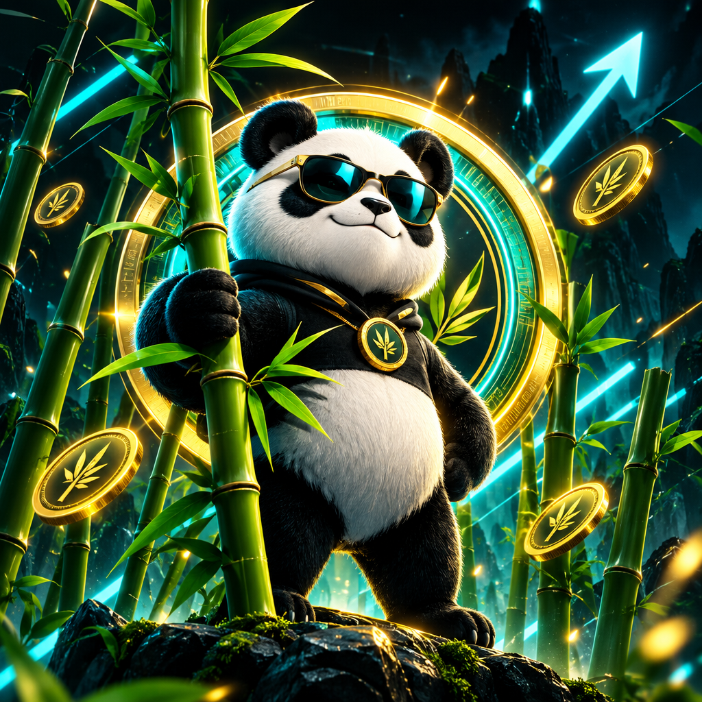 Stylized panda mascot with bamboo stalks, glowing coin ring accents, and upward cyber-cyan motion lines in a dark meme-coin atmosphere