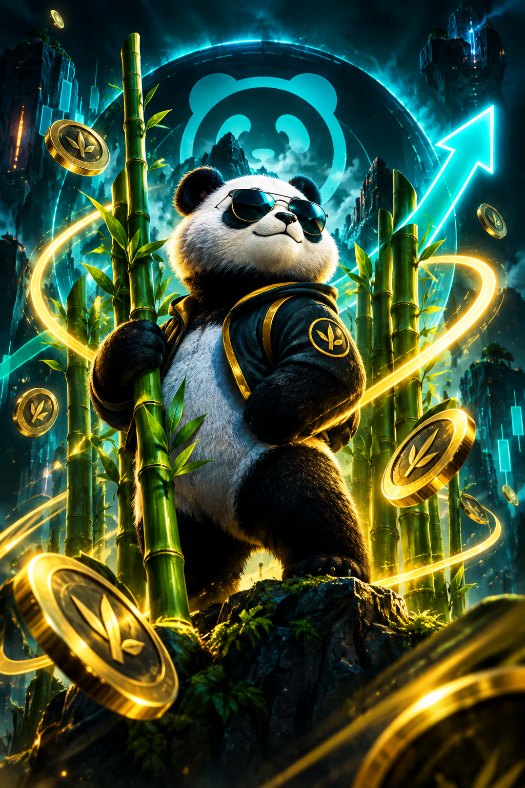 Panda mascot with bamboo stalks, coin rings, and upward neon energy arcs in a dark cyber atmosphere