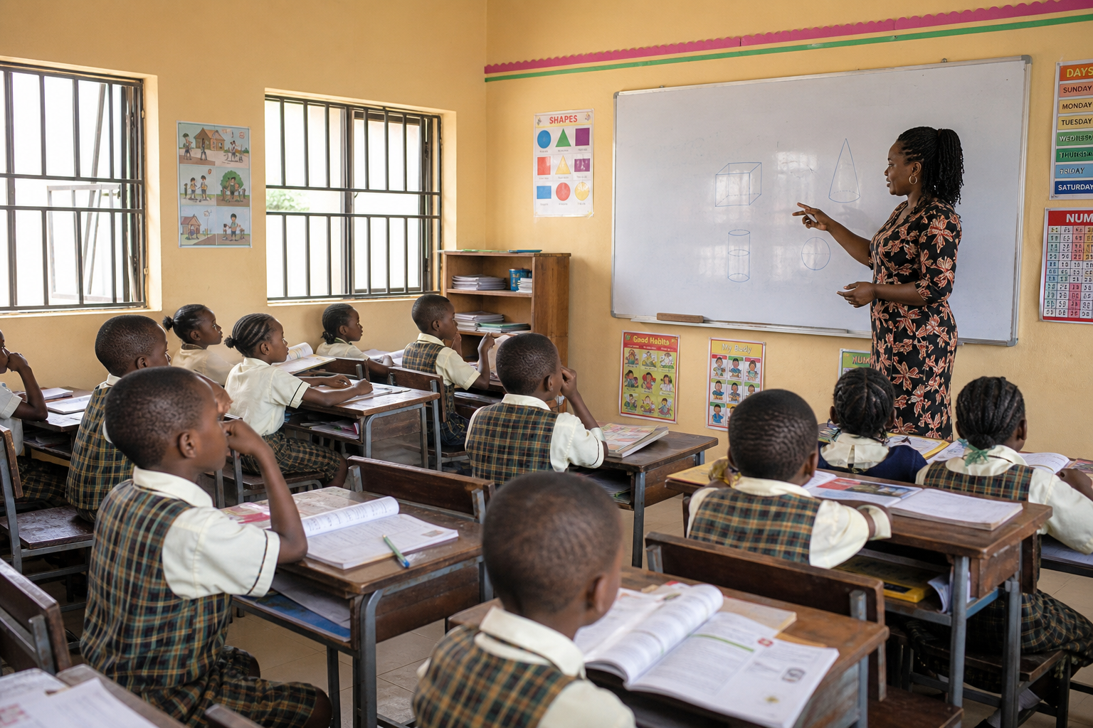 Primary students learning with a teacher in a bright classroom