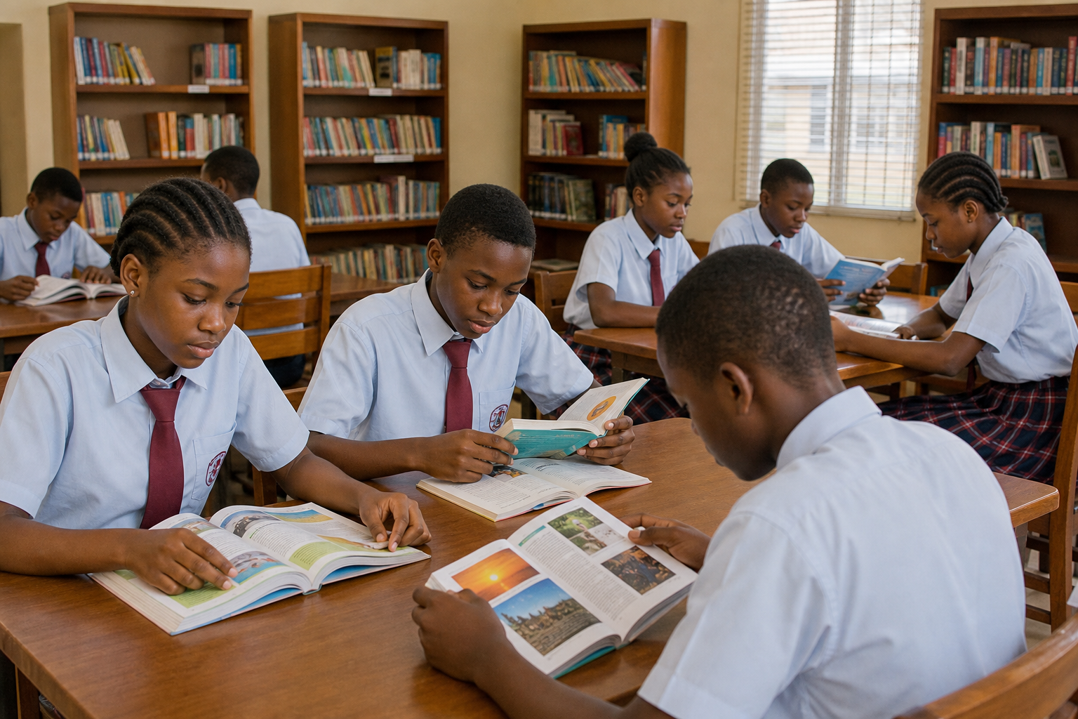 Students reading books together in the school library