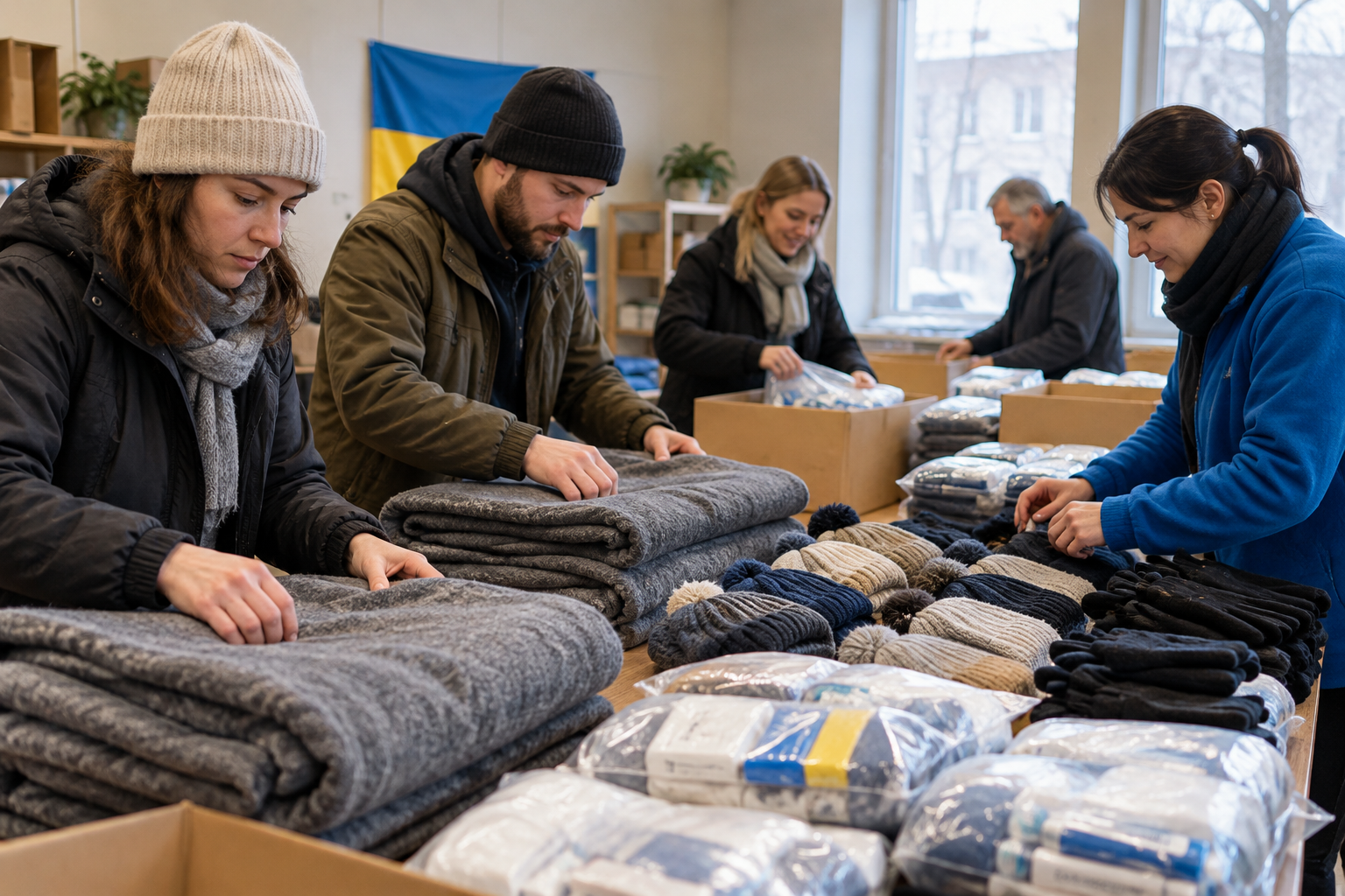 Volunteers organizing warm blankets and winter supply kits for families in Ukraine