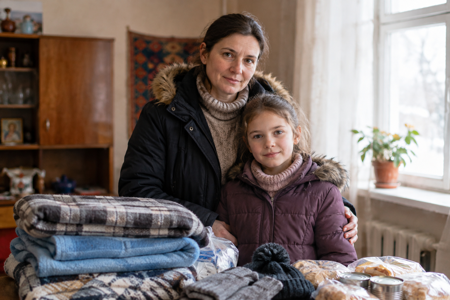 A mother and her school-age daughter stand together in a warmly lit Ukrainian home beside winter supplies.