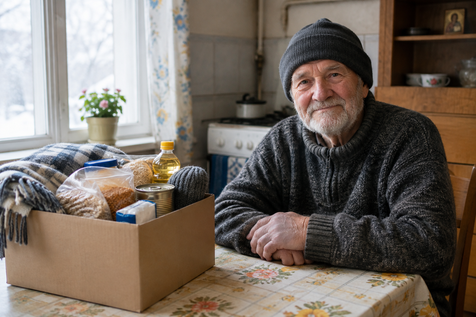 An older Ukrainian man in a dark knit cap sits at a kitchen table with a neatly packed winter-aid parcel.