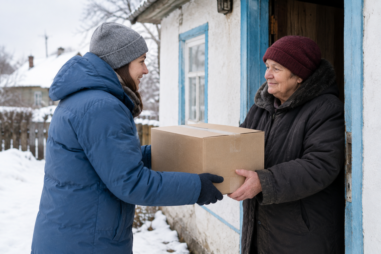 A volunteer in a blue winter jacket hands a carefully packed aid box to a resident at a village doorway.