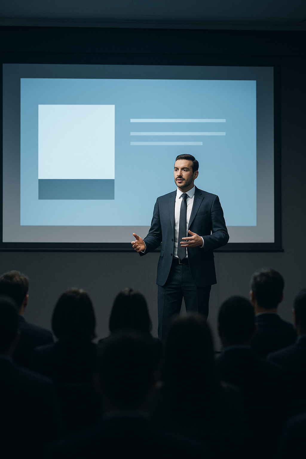 Corporate keynote speaker on stage with audience in focus